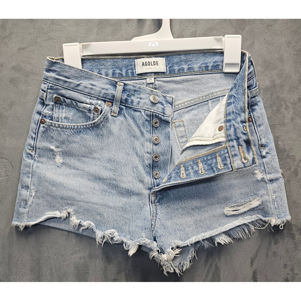 AGOLDE Parker‎ High Rise Distressed Denim Shorts Light Wash Blue Sz 24 A026B-811